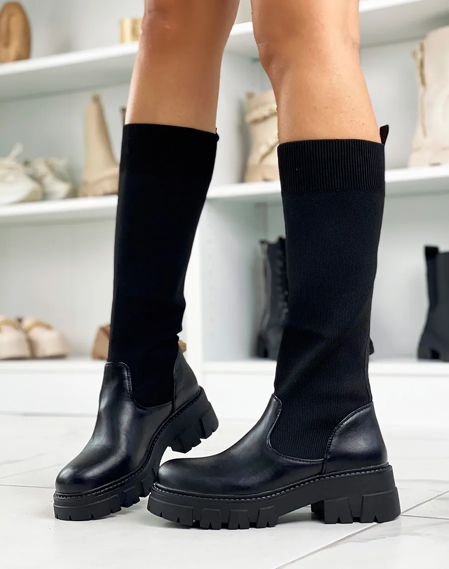 Bottes noires effet chaussette style chelsea à semelle crantée