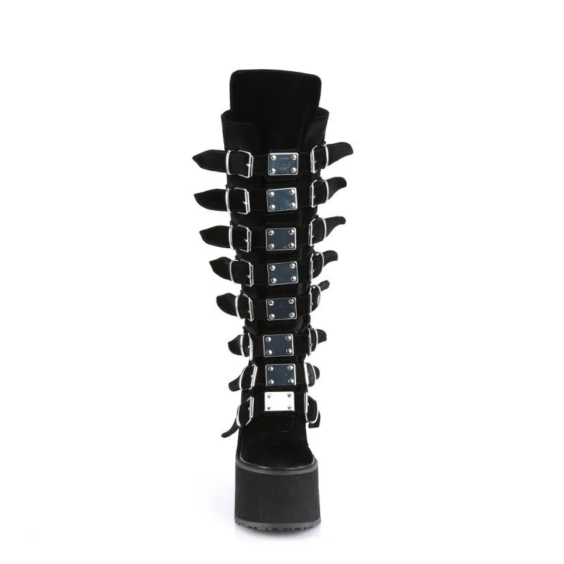 Chaussure gothique compensée en velours noir femme avec sangles et plaques métalliques Demonia Cult