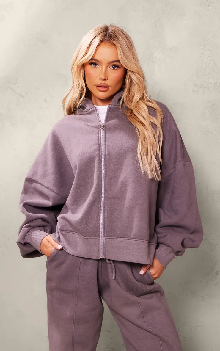 Hoodie imprimé gris foncé délavé à épaules carrées et zip