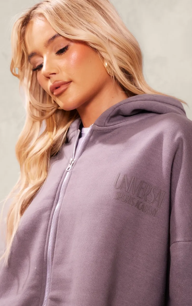 Hoodie imprimé gris foncé délavé à épaules carrées et zip