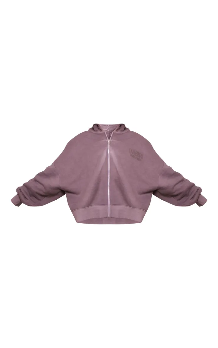 Hoodie imprimé gris foncé délavé à épaules carrées et zip