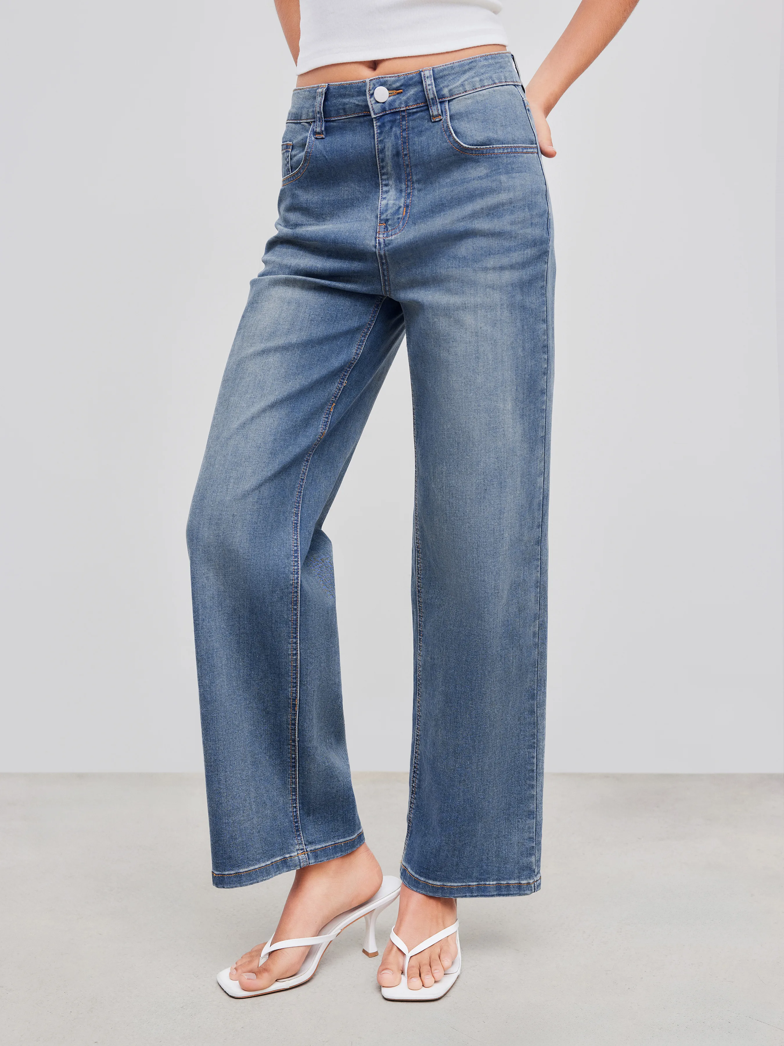 Jeans droits unis taille mi-haute en denim