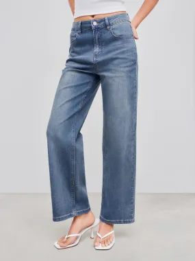 Jeans droits unis taille mi-haute en denim