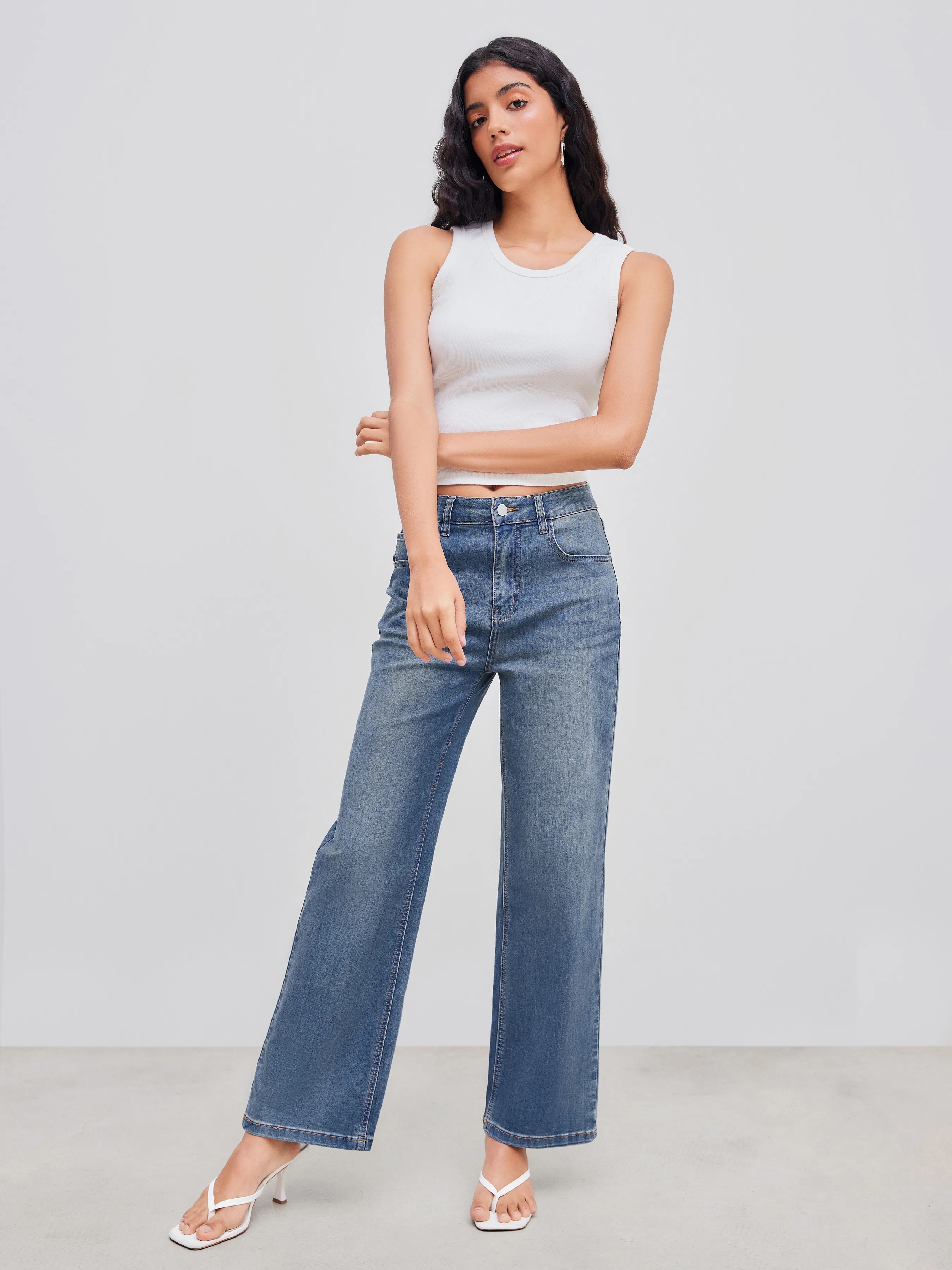 Jeans droits unis taille mi-haute en denim