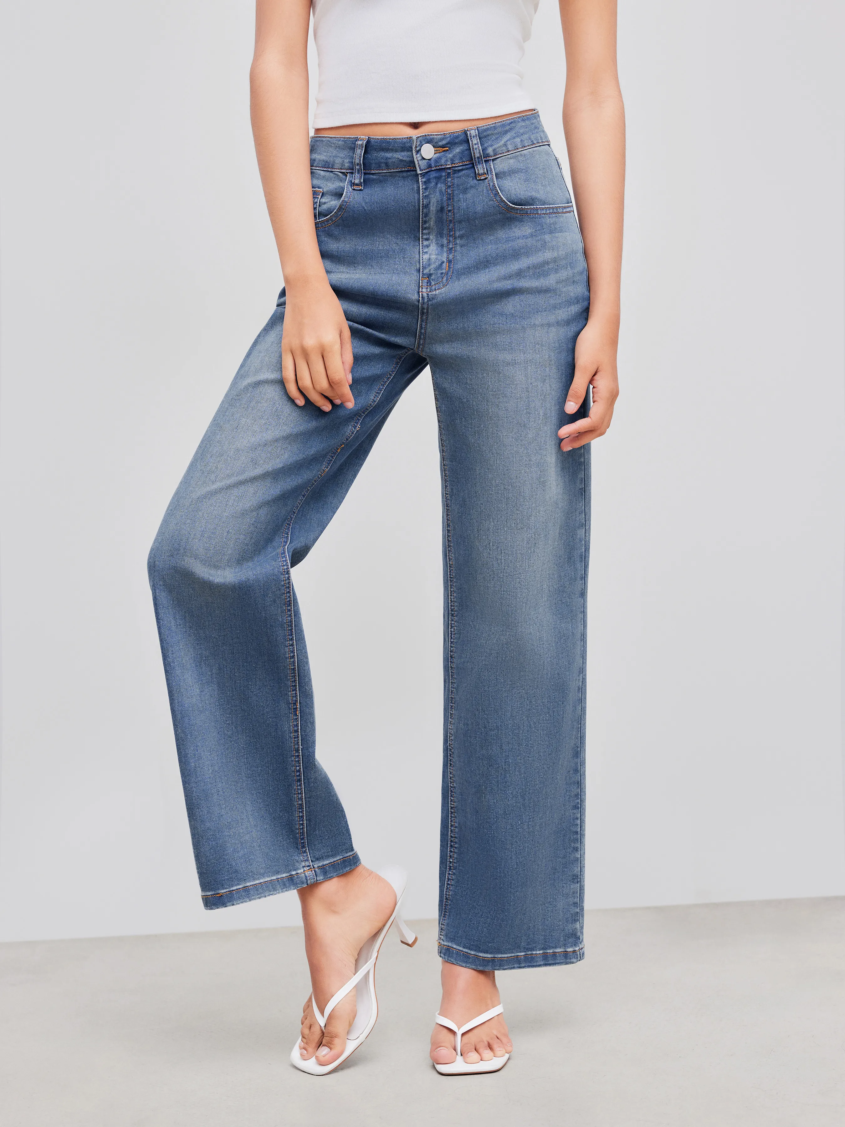 Jeans droits unis taille mi-haute en denim