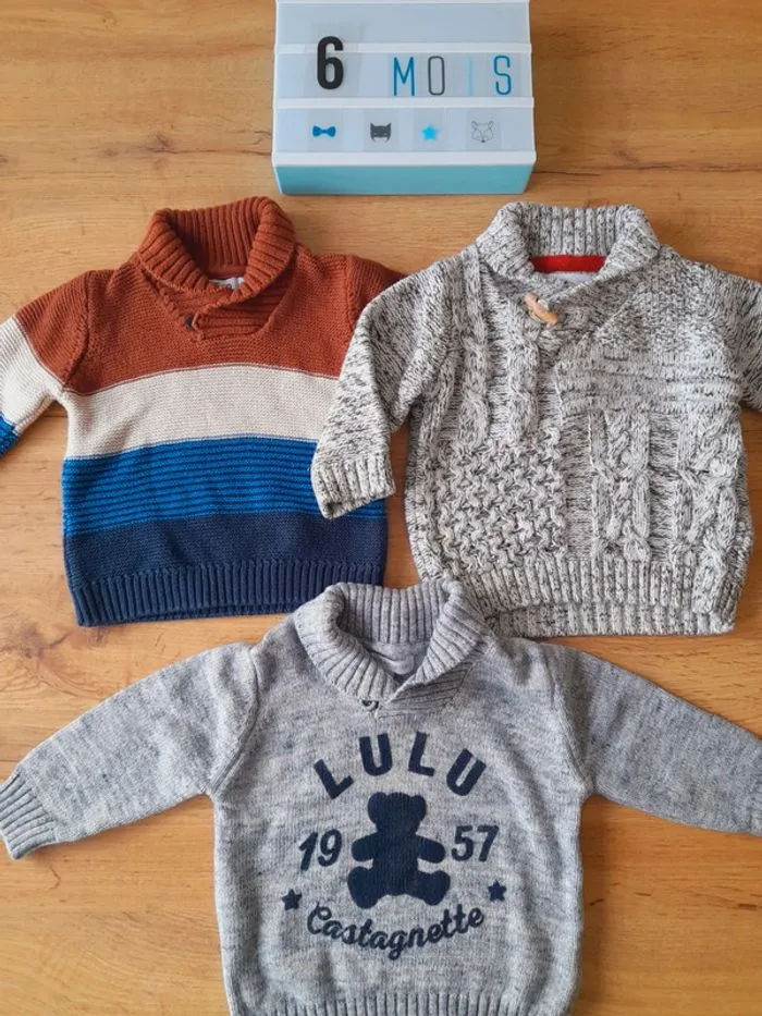 Lot de 3 beaux pulls hiver 6 mois - Lulu Castagnette - Prématuré  | Beebs