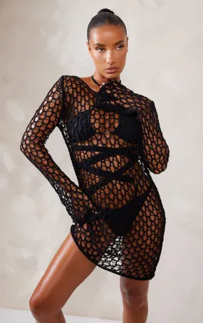 Mini robe manches longues en maille crochet noire