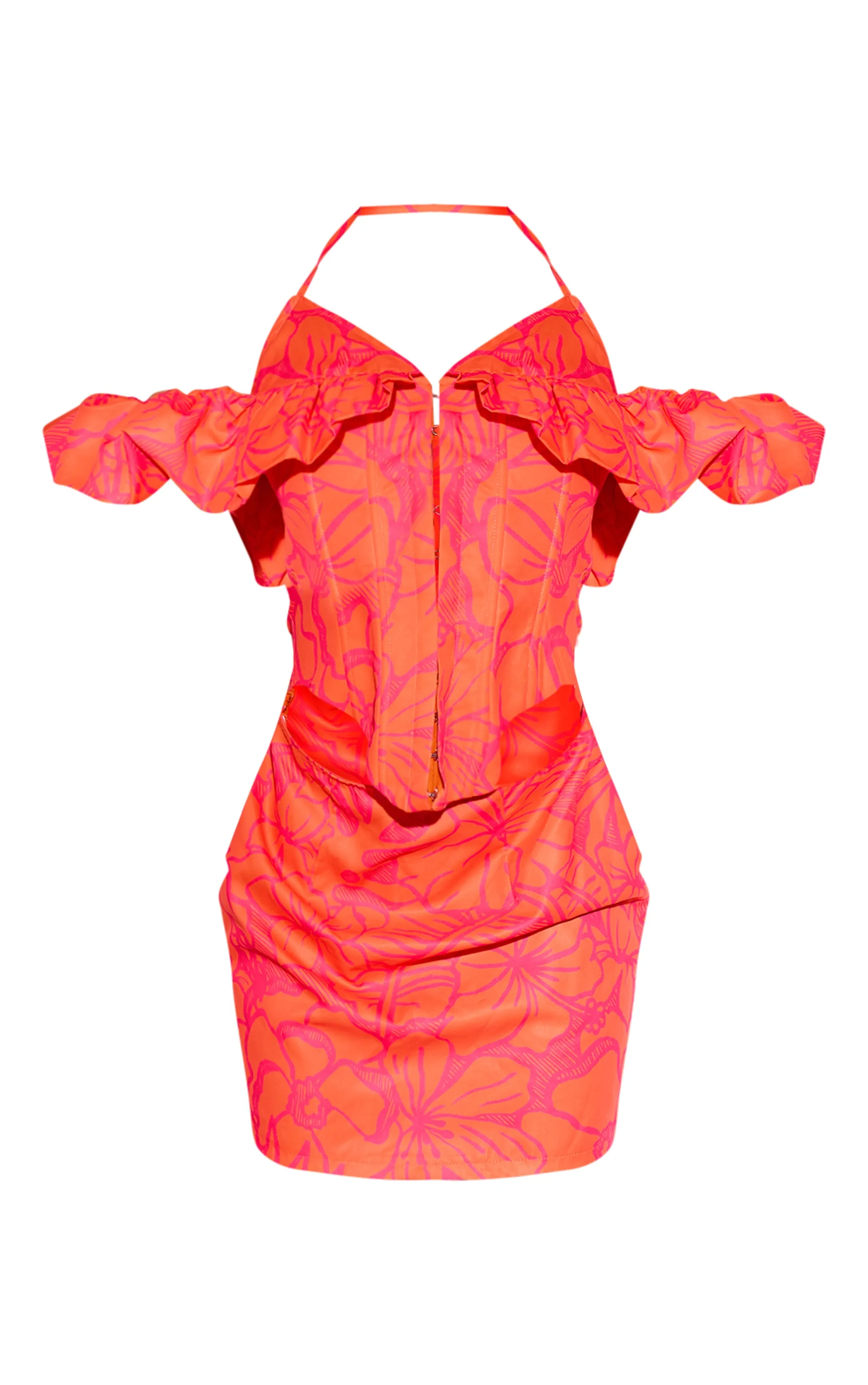 Mini-robe volantée orange imprimé abstrait à détail corset