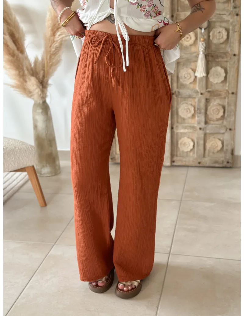 Pantalon gaze de coton terracotta - Kaya