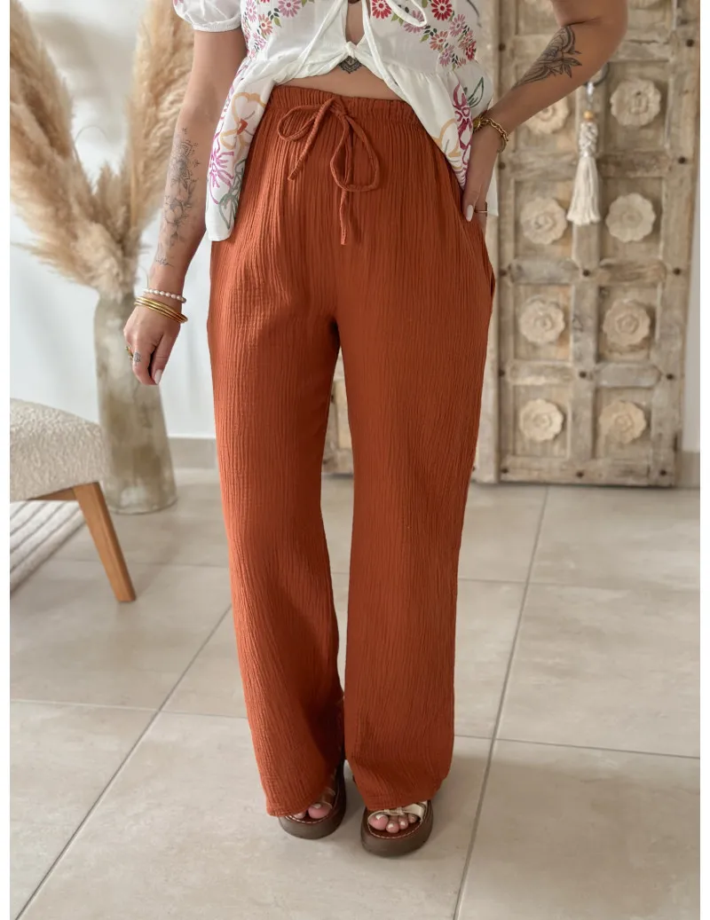 Pantalon gaze de coton terracotta - Kaya