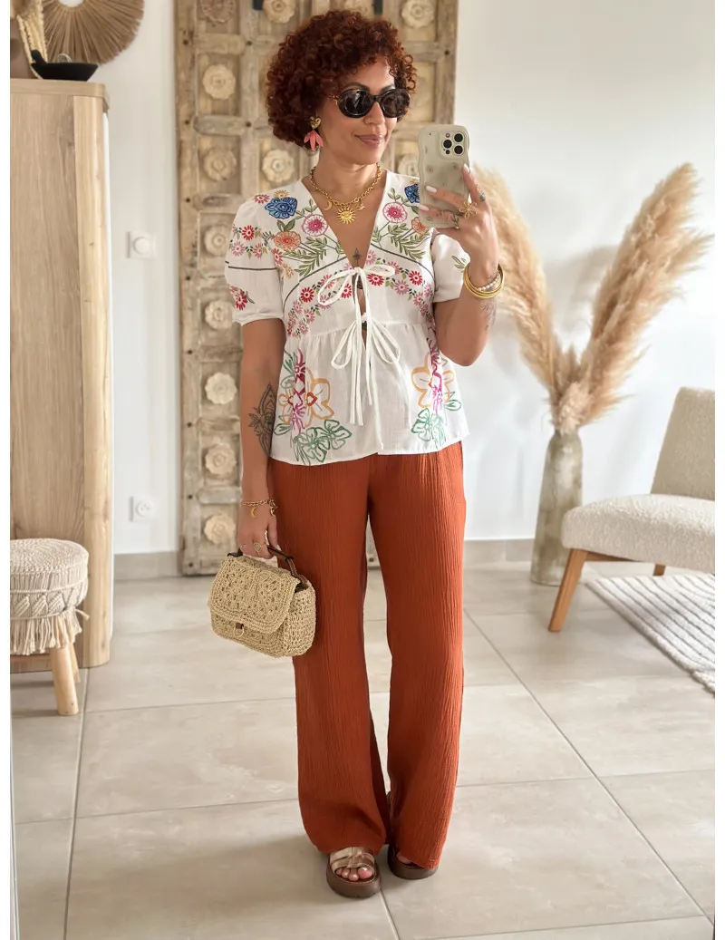 Pantalon gaze de coton terracotta - Kaya