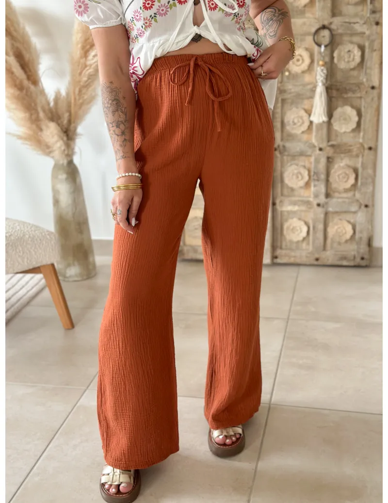 Pantalon gaze de coton terracotta - Kaya