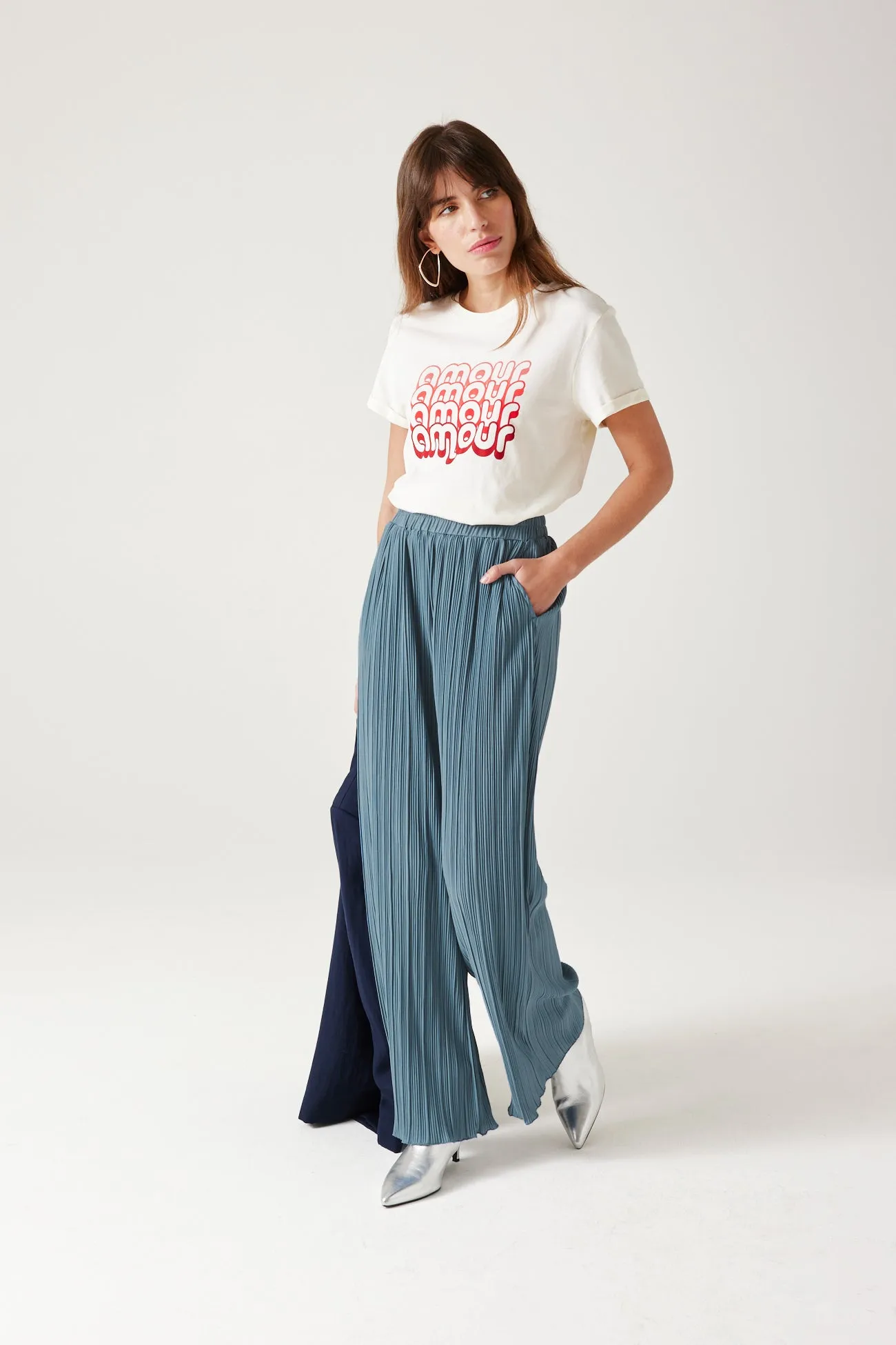 Pantalon large et plissé Femme - Bleu