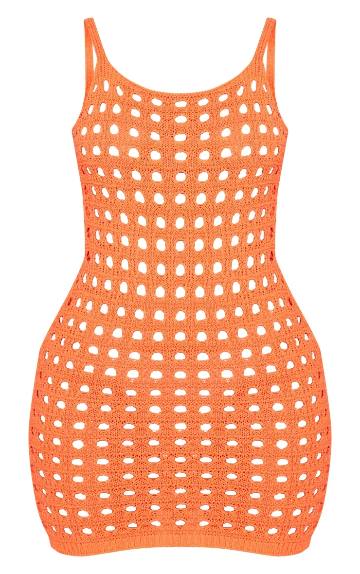 Petite Mini-robe en maille crochet orange brûlé à bretelles