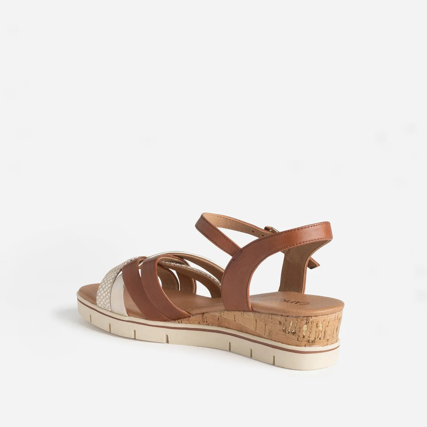 Sandale compensée CAPRICE camel et doré cuir - Sandales Femme | ERAM