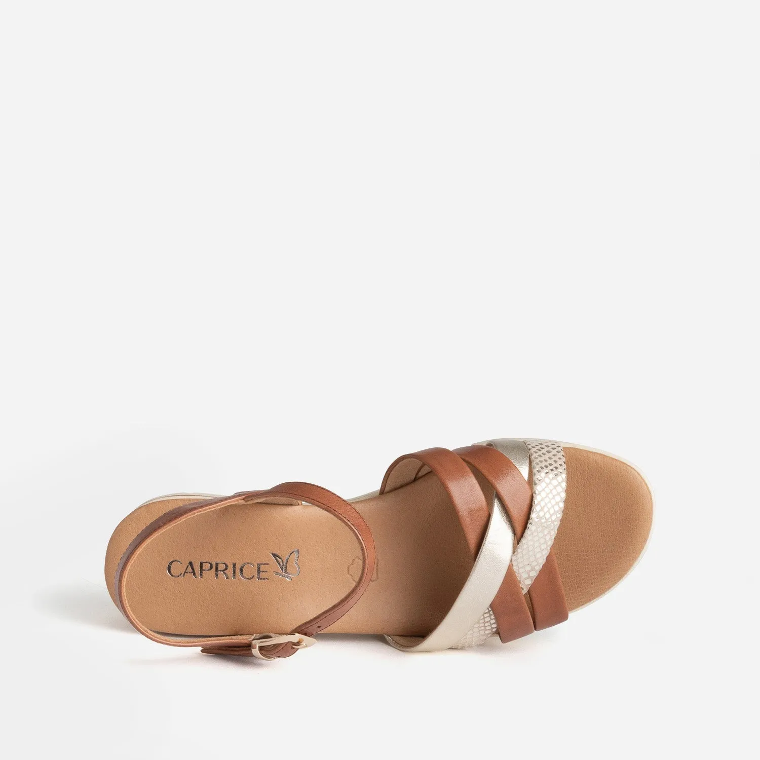 Sandale compensée CAPRICE camel et doré cuir - Sandales Femme | ERAM