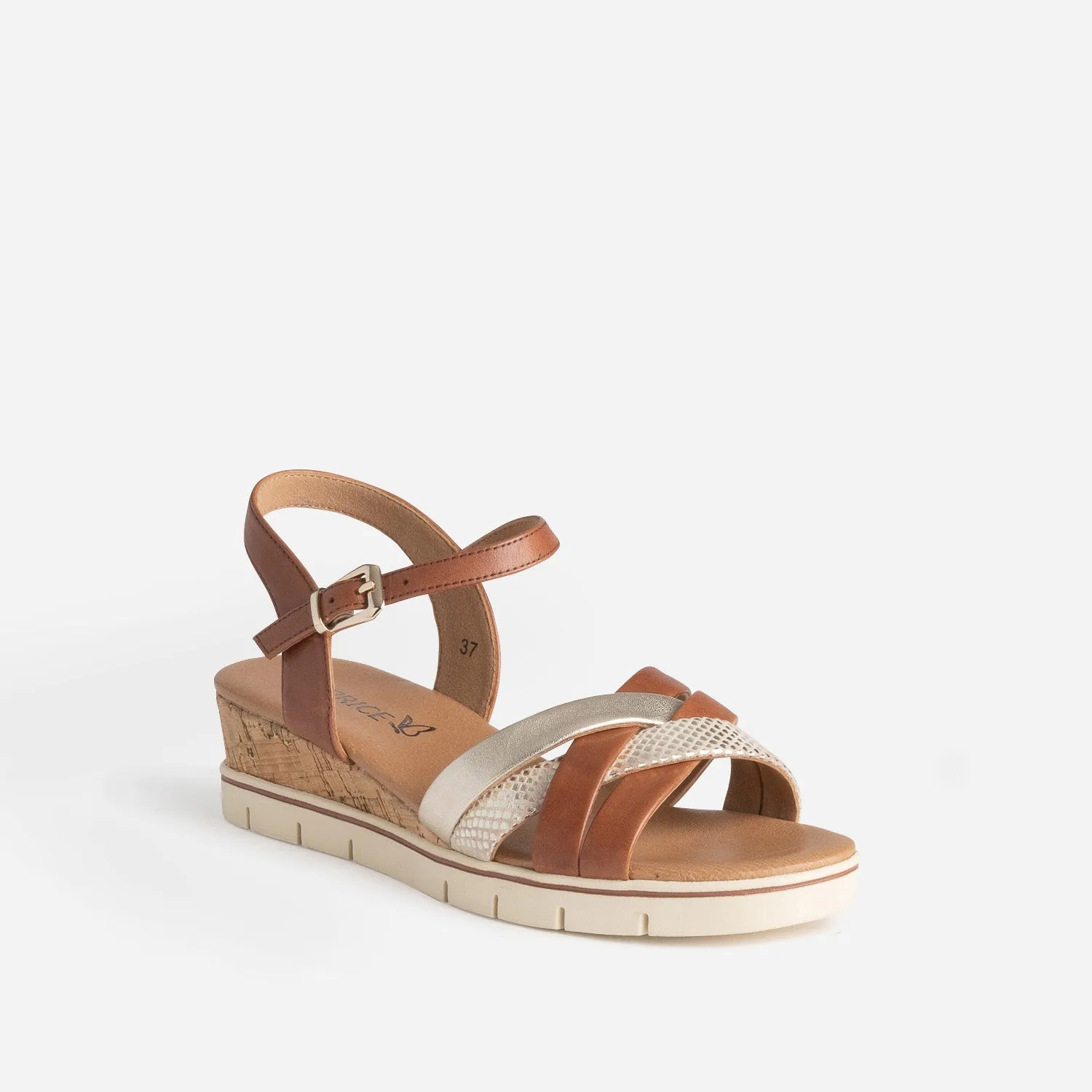 Sandale compensée CAPRICE camel et doré cuir - Sandales Femme | ERAM