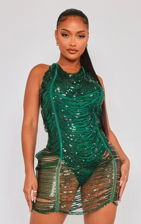 Shape Mini robe style body drapée vert émeraude à sequins